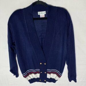 Vintage Hunt Club Navy Blue Deep V Front Cardigan with Red and White Stripes L